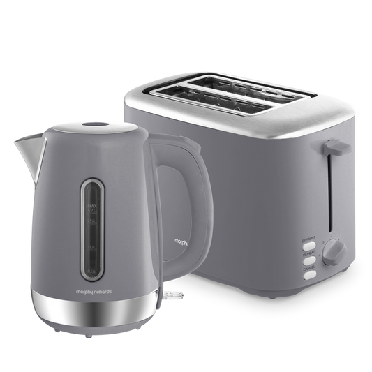 A gray Equip brand electric kettle and a 2-slice toaster set on a white background.