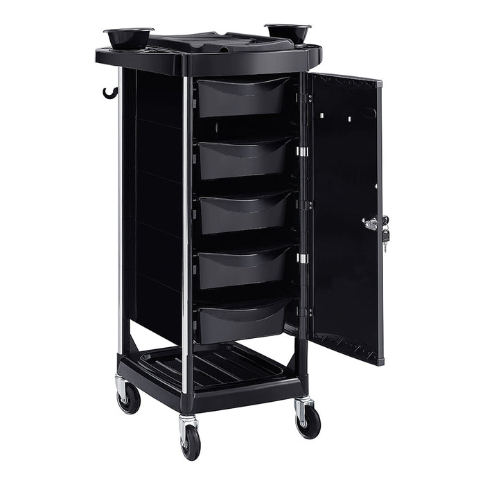 Black rolling cart with multiple drawers and a cabinet on a white background