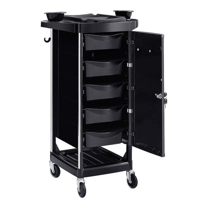 Black rolling cart with multiple drawers and a cabinet on a white background