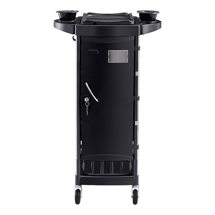 Black rolling cart with storage compartments on a white background