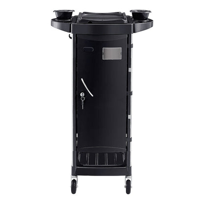 Black rolling cart with storage compartments on a white background