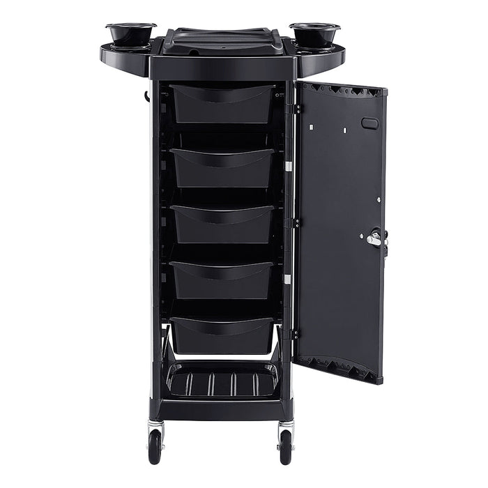 Black rolling cart with multiple storage  and open door on a white background