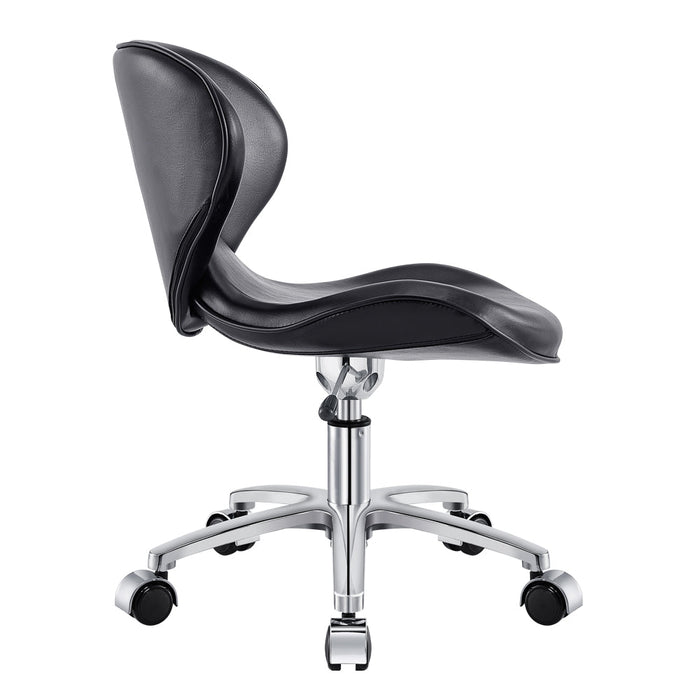 Esperto Pedi Stool Black by DIR, ergonomic back, chrome base, five wheels, side view.