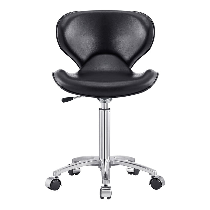 DIR Esperto Salon Stool Black with ergonomic curved backrest and chrome base, faux leather.