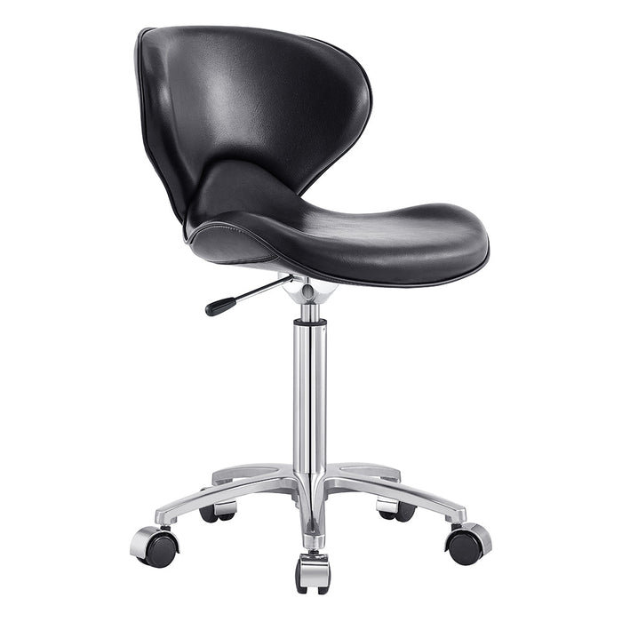 Esperto Salon Stool Black DIR by DIR: ergonomic backrest, chrome base, 5 caster wheels.