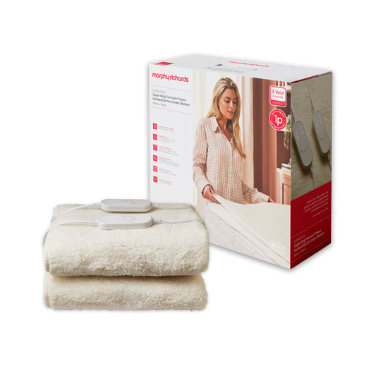 Electric blanket with packaging featuring a woman and product images on a white background