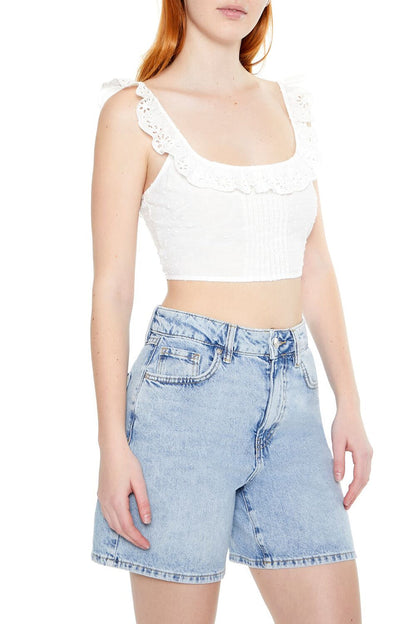 Eyelet Ruffle-Trim Crop Top