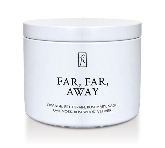 White container with 'Far, Far, Away' text and brand logo on a white background