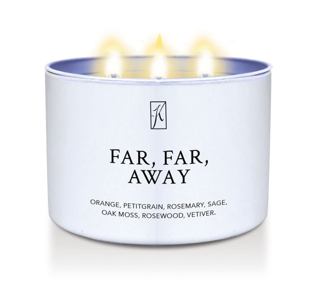 Candle in a white container labeled 'Far, Far, Away' with a logo on a white background