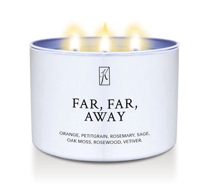 Candle in a white container labeled 'Far, Far, Away' with a logo on a white background
