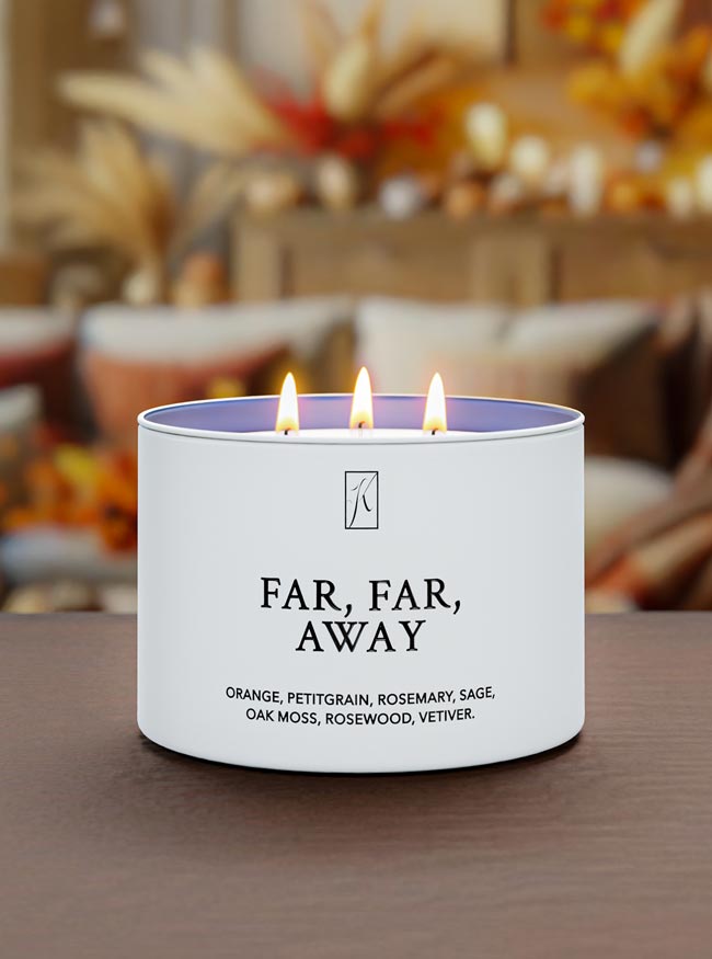Candle labeled 'Far, Far, Away' with a blurred background of decorative elements.