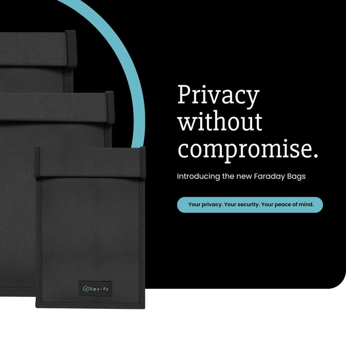 Black Faraday bags with text 'Privacy without compromise' on a dark background