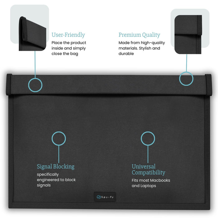 Black signal blocking pouch with text highlighting features on a white background