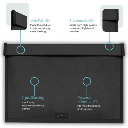 Black signal blocking pouch with text highlighting features on a white background