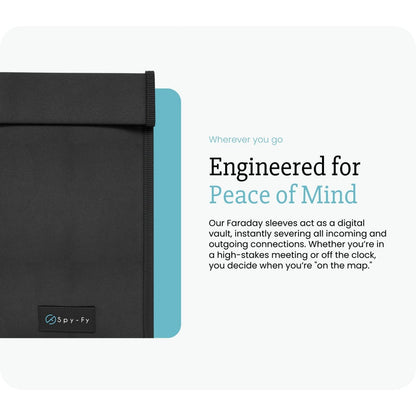 Black and blue Faraday sleeve with text about peace of mind and digital security.