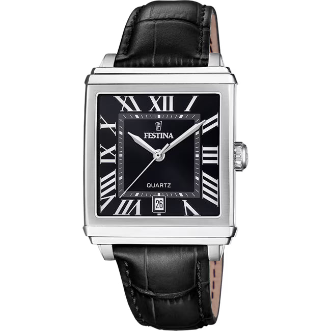 Festina On The Square Leder Date Schwarz / Silbrig Herrenuhr | F20681/3
