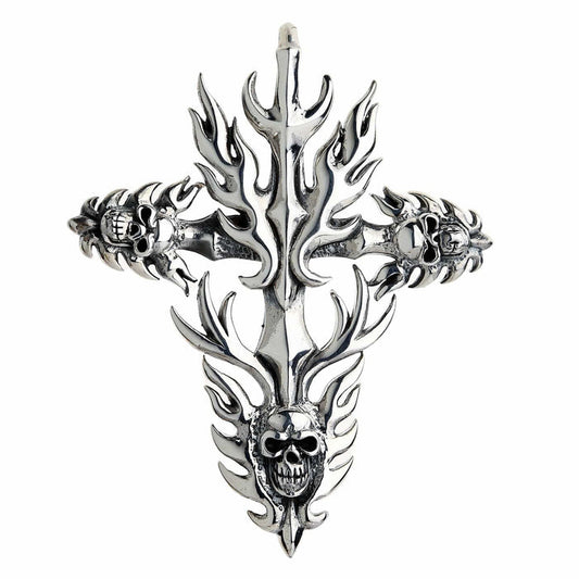 Front view of a silver cross pendant with radiating flames and detailed skulls integrated into the arm ends and base.