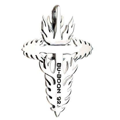 Reverse side of the silver flame cross displaying a stamped BU-BOON 925 hallmark along the polished vertical shaft.