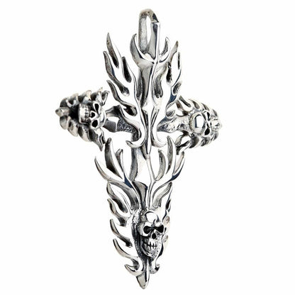Angled perspective highlighting the intricate 3D depth of the radiating silver flames and integrated skull motifs.