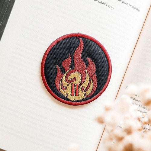 Flame Section Embroidered Patch - The Bean Workshop - Bookish Fandom Collectible Gift, Crimson Gold Dragon Fire Embroidery, Dark Fantasy Aesthetic, Dragon Coil Flame Illustration, Dragon Rider Fandom Iron-On Patch Fantasy Book Lover, embroidered, Embroidered Patch, Empyrean Fandom, Fandom Badge Style, Flame Section Embroidered Patch Empyrean Series Fan Gift, fourth wing, Jacket Bag Customization Accessory, Navarre Basgiath Quadrant Patch, patch, rebecca yarros