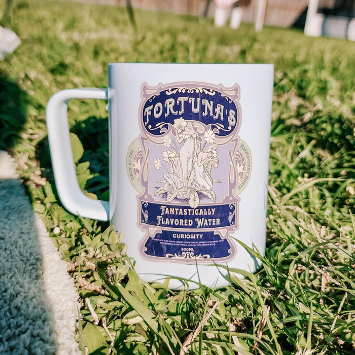 Fortuna's Fantastically Flavored Water Mug - The Bean Workshop - aesthetic bookish coffee mug, Art Nouveau, ceramic, drinkware, evangeline fox, fantasy elixir cup, jacks prince of hearts, literary kitchenware, mug, once upon a broken heart, ouabh, Purple Aesthetic, stephanie garber, Vintage Label