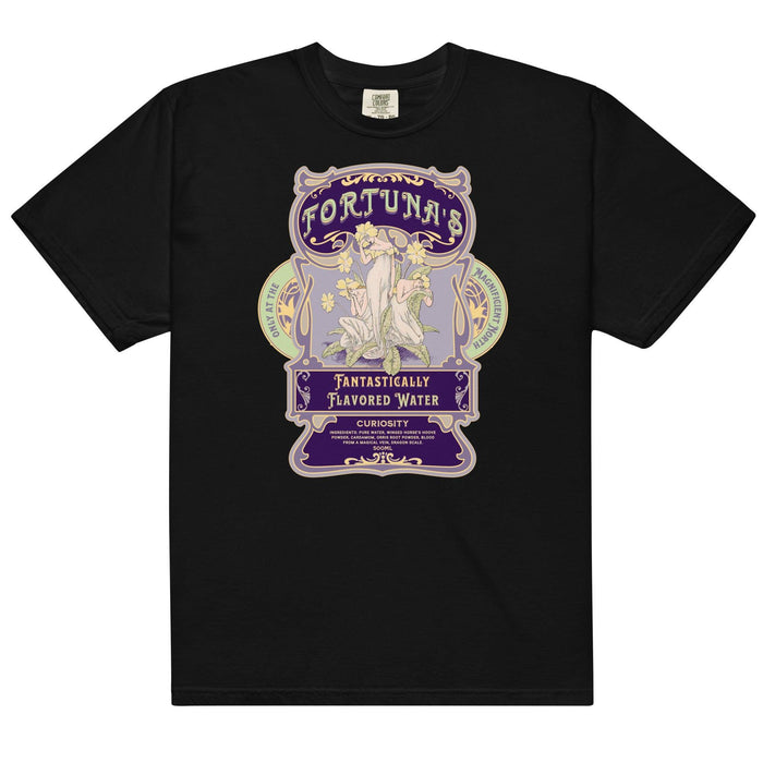 Fortuna's Fantastically Flavored Water T-Shirt - The Bean Workshop - Botanical illustration, evangeline fox, Fortuna's shop t-shirt, Jacks and Evangeline, jacks prince of hearts, Magnificent North souvenir, once upon a broken heart, ouabh, Purple Aesthetic, stephanie garber, t-shirt, Vintage Label, whimsical fantasy book tee