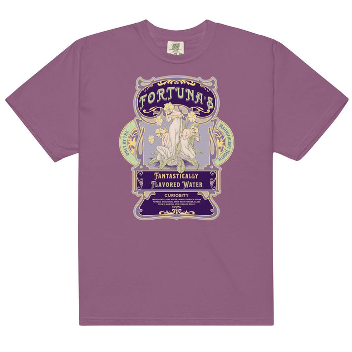 Fortuna's Fantastically Flavored Water T-Shirt - The Bean Workshop - Botanical illustration, evangeline fox, Fortuna's shop t-shirt, Jacks and Evangeline, jacks prince of hearts, Magnificent North souvenir, once upon a broken heart, ouabh, Purple Aesthetic, stephanie garber, t-shirt, Vintage Label, whimsical fantasy book tee