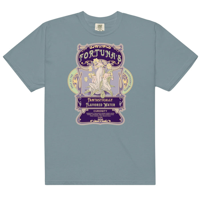 Fortuna's Fantastically Flavored Water T-Shirt - The Bean Workshop - Botanical illustration, evangeline fox, Fortuna's shop t-shirt, Jacks and Evangeline, jacks prince of hearts, Magnificent North souvenir, once upon a broken heart, ouabh, Purple Aesthetic, stephanie garber, t-shirt, Vintage Label, whimsical fantasy book tee
