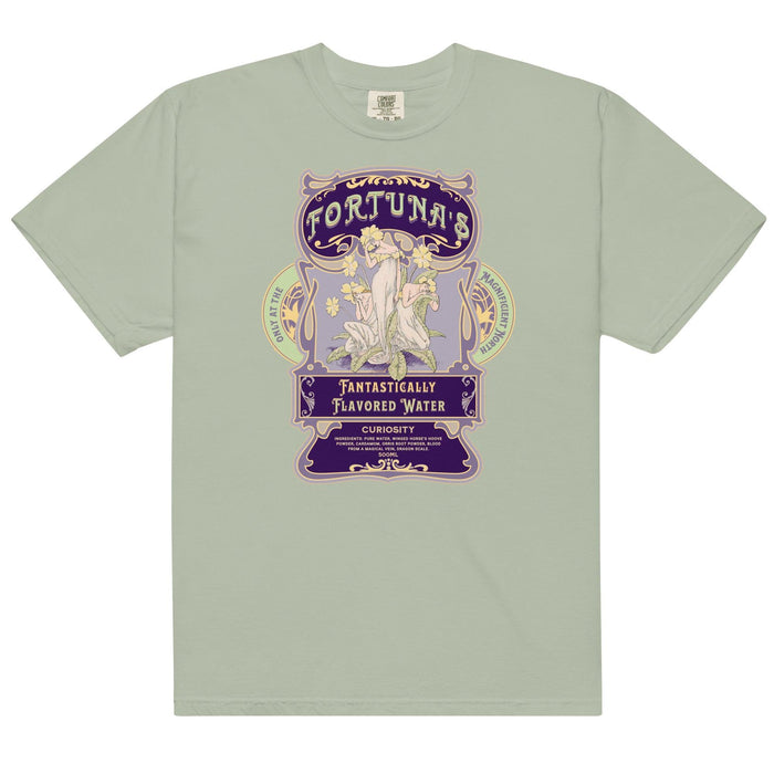 Fortuna's Fantastically Flavored Water T-Shirt - The Bean Workshop - Botanical illustration, evangeline fox, Fortuna's shop t-shirt, Jacks and Evangeline, jacks prince of hearts, Magnificent North souvenir, once upon a broken heart, ouabh, Purple Aesthetic, stephanie garber, t-shirt, Vintage Label, whimsical fantasy book tee