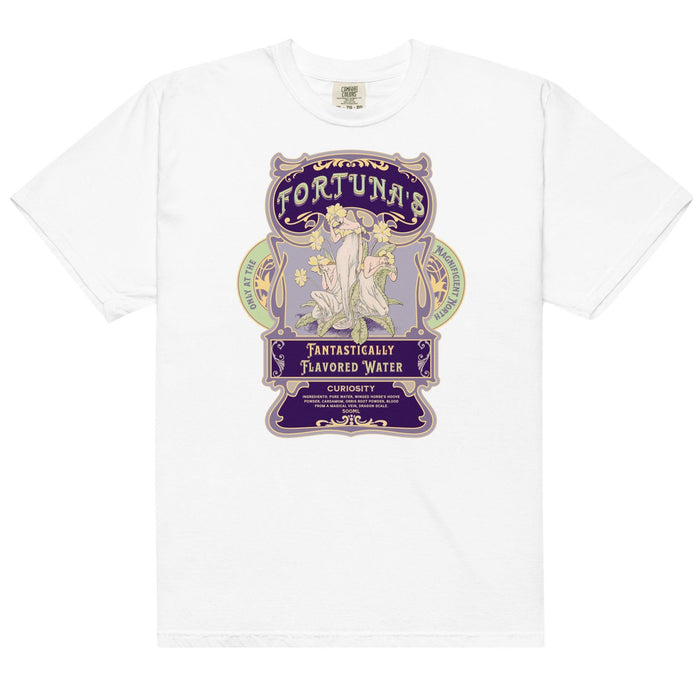 Fortuna's Fantastically Flavored Water T-Shirt - The Bean Workshop - Botanical illustration, evangeline fox, Fortuna's shop t-shirt, Jacks and Evangeline, jacks prince of hearts, Magnificent North souvenir, once upon a broken heart, ouabh, Purple Aesthetic, stephanie garber, t-shirt, Vintage Label, whimsical fantasy book tee