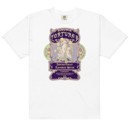Fortuna's Fantastically Flavored Water T-Shirt - The Bean Workshop - Botanical illustration, evangeline fox, Fortuna's shop t-shirt, Jacks and Evangeline, jacks prince of hearts, Magnificent North souvenir, once upon a broken heart, ouabh, Purple Aesthetic, stephanie garber, t-shirt, Vintage Label, whimsical fantasy book tee