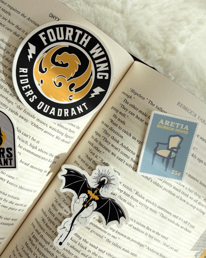 Fourth Wing Sticker Bundle | Set of 6 | Rebecca Yarros Bookish Stickers - The Bean Workshop - Basgiath War College, book lover sticker, Bookish Gift, bookish sticker, die cut sticker, dragon sticker, Empyrean series, fantasy sticker, fourth wing, Fourth Wing merch, Fourth Wing Sticker, gift for book lovers, Iron Flame, journal sticker, laptop sticker, rebecca yarros, Rebecca Yarros Sticker, Riders Quadrant, sticker, sticker bundle, vinyl sticker, Violet Sorrengail, Xaden Riorson