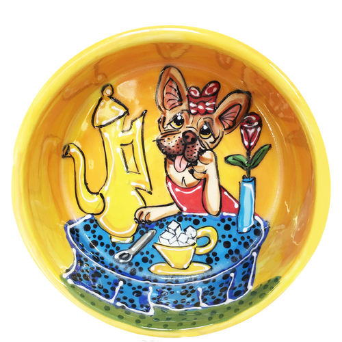 French Bulldog Girl having tea time hand painted on ceramic bowl by Debby Carman
