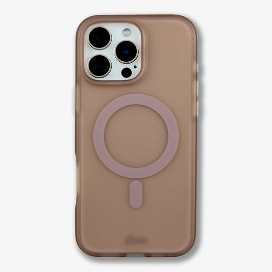Close-up of frosted matte iPhone case showcasing MagSafe ring and raised camera lens cutout on white background