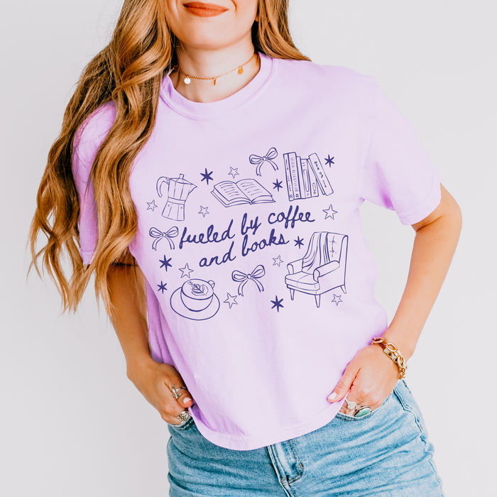 Fueled by Coffee and Books Heavyweight Boxy Tee - The Bean Workshop - Bookaholic, Bookish Gift, Bookworm Tee, Bows, Coffee Addict, Coquette Aesthetic, Cozy Reading, Doodle Art, Fueled by Coffee and Books T-Shirt, Graphic Tee, Library Shirt, Reading Shirt, t-shirt, Valentine's Day Gift for Reader and Coffee Lover