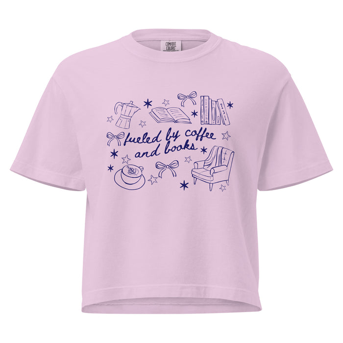 Fueled by Coffee and Books Heavyweight Boxy Tee - The Bean Workshop - Bookaholic, Bookish Gift, Bookworm Tee, Bows, Coffee Addict, Coquette Aesthetic, Cozy Reading, Doodle Art, Fueled by Coffee and Books T-Shirt, Graphic Tee, Library Shirt, Reading Shirt, t-shirt, Valentine's Day Gift for Reader and Coffee Lover