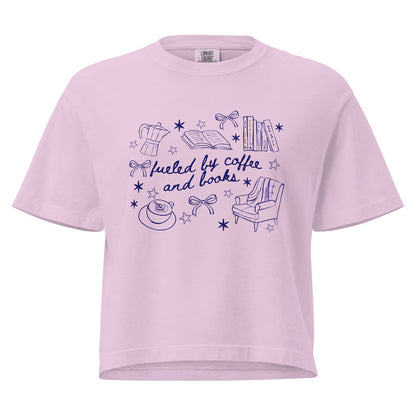Fueled by Coffee and Books Heavyweight Boxy Tee - The Bean Workshop - Bookaholic, Bookish Gift, Bookworm Tee, Bows, Coffee Addict, Coquette Aesthetic, Cozy Reading, Doodle Art, Fueled by Coffee and Books T-Shirt, Graphic Tee, Library Shirt, Reading Shirt, t-shirt, Valentine's Day Gift for Reader and Coffee Lover