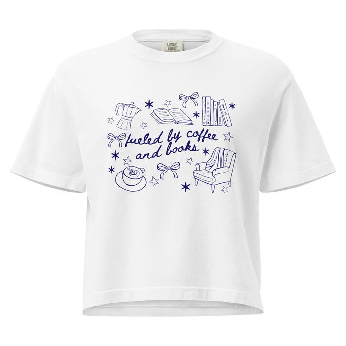 Fueled by Coffee and Books Heavyweight Boxy Tee - The Bean Workshop - Bookaholic, Bookish Gift, Bookworm Tee, Bows, Coffee Addict, Coquette Aesthetic, Cozy Reading, Doodle Art, Fueled by Coffee and Books T-Shirt, Graphic Tee, Library Shirt, Reading Shirt, t-shirt, Valentine's Day Gift for Reader and Coffee Lover
