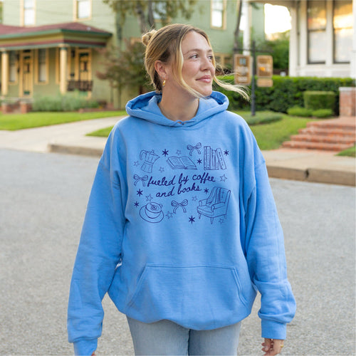 Fueled by Coffee and Books Hoodie - The Bean Workshop - Bookaholic, Bookish Apparel, Bookish Humor, coquette, Funny Book Lover Gift for Valentine's Day, Funny Quote, Gift for Readers, girlie, Graphic Tee, Reading Shirt