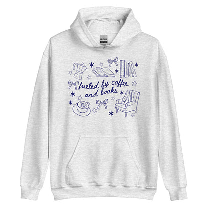 Fueled by Coffee and Books Hoodie - The Bean Workshop - Bookaholic, Bookish Apparel, Bookish Humor, coquette, Funny Book Lover Gift for Valentine's Day, Funny Quote, Gift for Readers, girlie, Graphic Tee, Reading Shirt