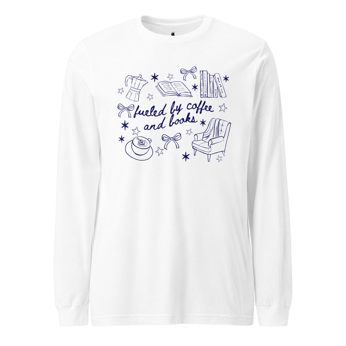 Fueled by Coffee and Books Long Sleeve Tee - The Bean Workshop - Bookaholic, Bookish tee shirt, Bows, Coffee Lover Gift, Coquette Aesthetic, Cozy Reading, Cozy Valentine's Gift for Bookworm, Doodle Art, Fueled by Coffee and Books Long sleeve tee, Loungewear, Reader Gift, Reading Crewneck, Spring and Fall Wear