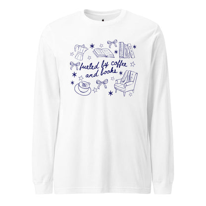Fueled by Coffee and Books Long Sleeve Tee - The Bean Workshop - Bookaholic, Bookish tee shirt, Bows, Coffee Lover Gift, Coquette Aesthetic, Cozy Reading, Cozy Valentine's Gift for Bookworm, Doodle Art, Fueled by Coffee and Books Long sleeve tee, Loungewear, Reader Gift, Reading Crewneck, Spring and Fall Wear