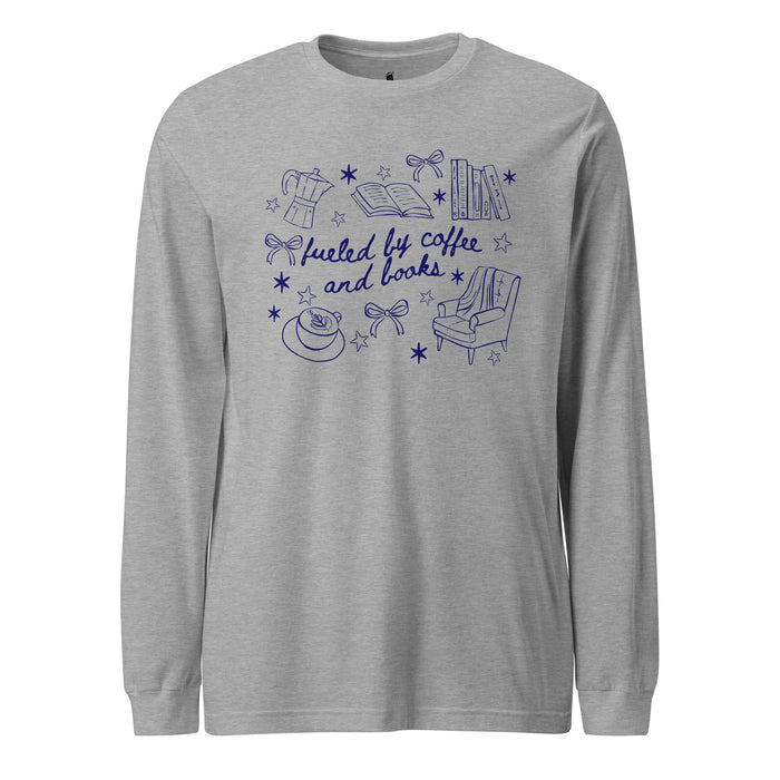 Fueled by Coffee and Books Long Sleeve Tee - The Bean Workshop - Bookaholic, Bookish tee shirt, Bows, Coffee Lover Gift, Coquette Aesthetic, Cozy Reading, Cozy Valentine's Gift for Bookworm, Doodle Art, Fueled by Coffee and Books Long sleeve tee, Loungewear, Reader Gift, Reading Crewneck, Spring and Fall Wear