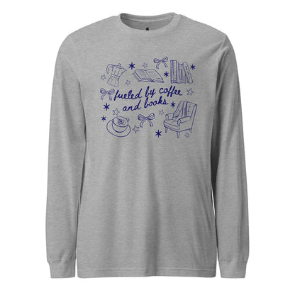 Fueled by Coffee and Books Long Sleeve Tee - The Bean Workshop - Bookaholic, Bookish tee shirt, Bows, Coffee Lover Gift, Coquette Aesthetic, Cozy Reading, Cozy Valentine's Gift for Bookworm, Doodle Art, Fueled by Coffee and Books Long sleeve tee, Loungewear, Reader Gift, Reading Crewneck, Spring and Fall Wear