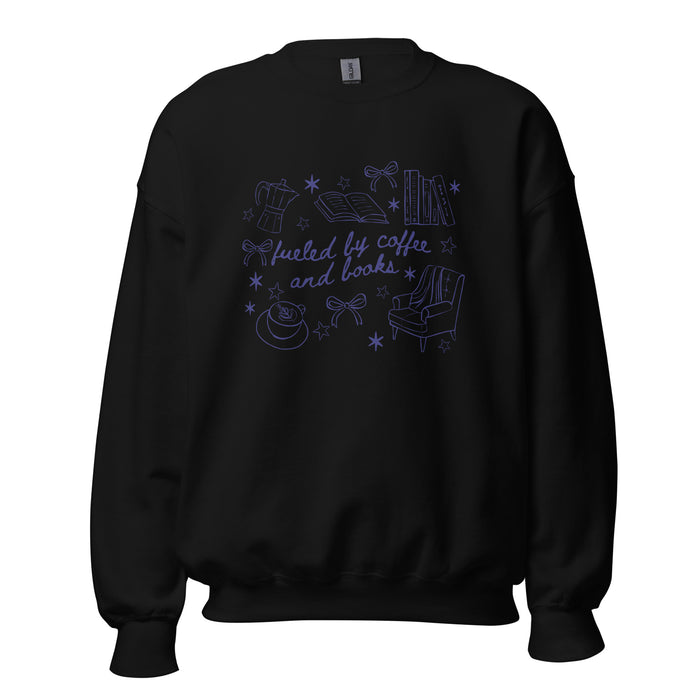 Fueled by Coffee and Books Sweatshirt - The Bean Workshop - Bookaholic, Bookish Sweatshirt, Bows, Coffee Lover Gift, Coquette Aesthetic, Cozy Reading, Cozy Valentine's Gift for Bookworm, Doodle Art, Fueled by Coffee and Books Sweatshirt, Loungewear, Reader Gift, Reading Crewneck, sweatshirt, Winter Wear