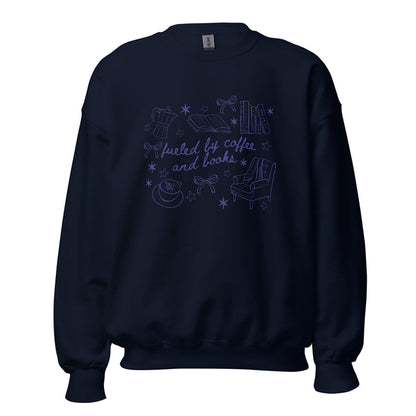 Fueled by Coffee and Books Sweatshirt - The Bean Workshop - Bookaholic, Bookish Sweatshirt, Bows, Coffee Lover Gift, Coquette Aesthetic, Cozy Reading, Cozy Valentine's Gift for Bookworm, Doodle Art, Fueled by Coffee and Books Sweatshirt, Loungewear, Reader Gift, Reading Crewneck, sweatshirt, Winter Wear