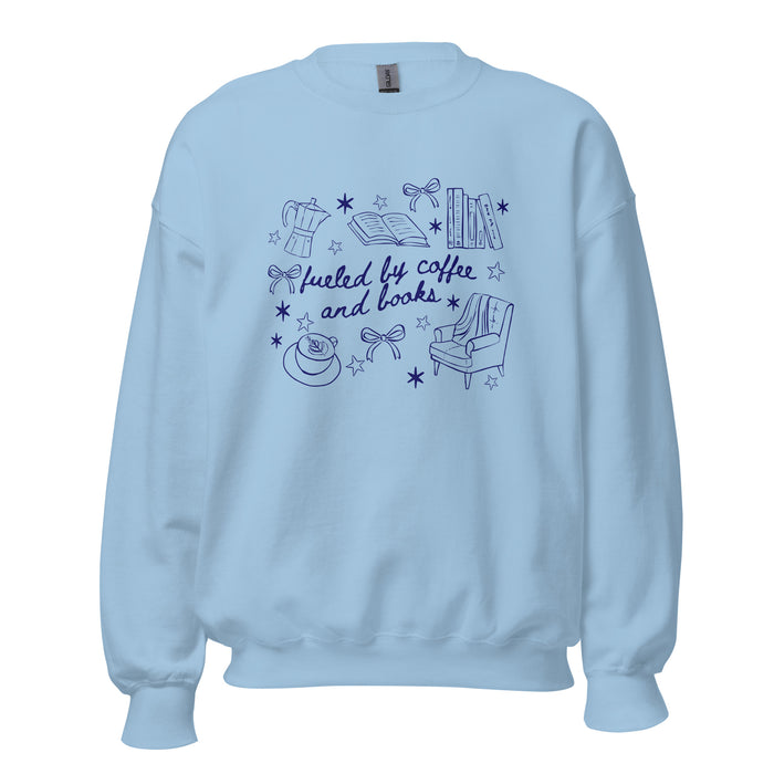 Fueled by Coffee and Books Sweatshirt - The Bean Workshop - Bookaholic, Bookish Sweatshirt, Bows, Coffee Lover Gift, Coquette Aesthetic, Cozy Reading, Cozy Valentine's Gift for Bookworm, Doodle Art, Fueled by Coffee and Books Sweatshirt, Loungewear, Reader Gift, Reading Crewneck, sweatshirt, Winter Wear