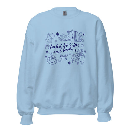 Fueled by Coffee and Books Sweatshirt - The Bean Workshop - Bookaholic, Bookish Sweatshirt, Bows, Coffee Lover Gift, Coquette Aesthetic, Cozy Reading, Cozy Valentine's Gift for Bookworm, Doodle Art, Fueled by Coffee and Books Sweatshirt, Loungewear, Reader Gift, Reading Crewneck, sweatshirt, Winter Wear