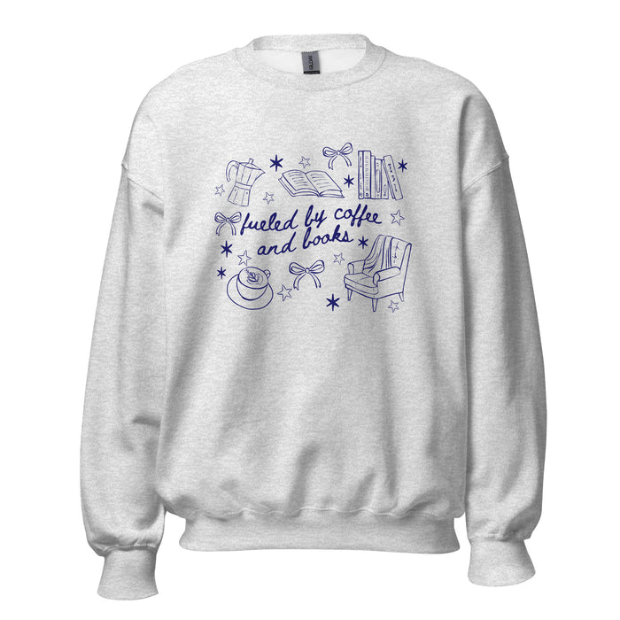 Fueled by Coffee and Books Sweatshirt - The Bean Workshop - Bookaholic, Bookish Sweatshirt, Bows, Coffee Lover Gift, Coquette Aesthetic, Cozy Reading, Cozy Valentine's Gift for Bookworm, Doodle Art, Fueled by Coffee and Books Sweatshirt, Loungewear, Reader Gift, Reading Crewneck, sweatshirt, Winter Wear