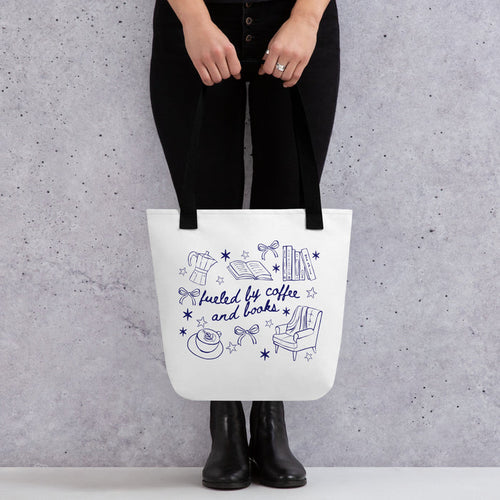 Fueled by Coffee and Books Tote bag - The Bean Workshop - Book Haul, Bookish Accessory, Bookstore Tote, Bookworm Canvas Bag, Bows, Coffee Lover Gift, Coquette Aesthetic, Doodle Art, Fueled by Coffee and Books Tote, Library Tote Bag, Reader Gift, Reusable Bag, Valentine's Gift for Reader